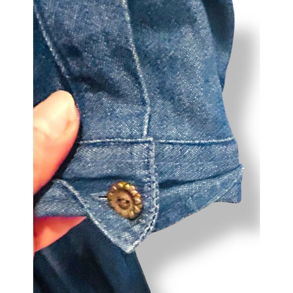 Vintage Cottagecore Denim Embroidered Prairie Dress Size Medium Back Tie Bird - Picture 5 of 14